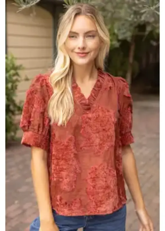 Valerie Ruffled V-Neck Textured Burnout Velvet Top