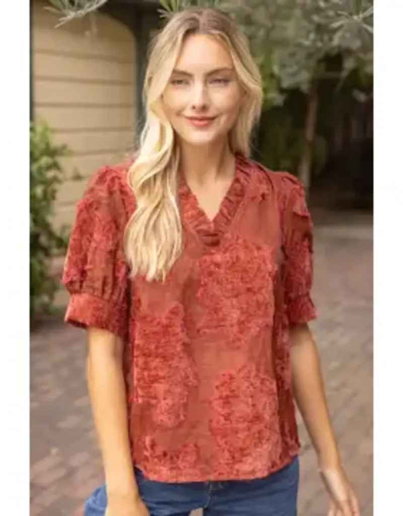 Valerie Ruffled V-Neck Textured Burnout Velvet Top