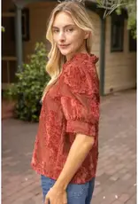 Valerie Ruffled V-Neck Textured Burnout Velvet Top