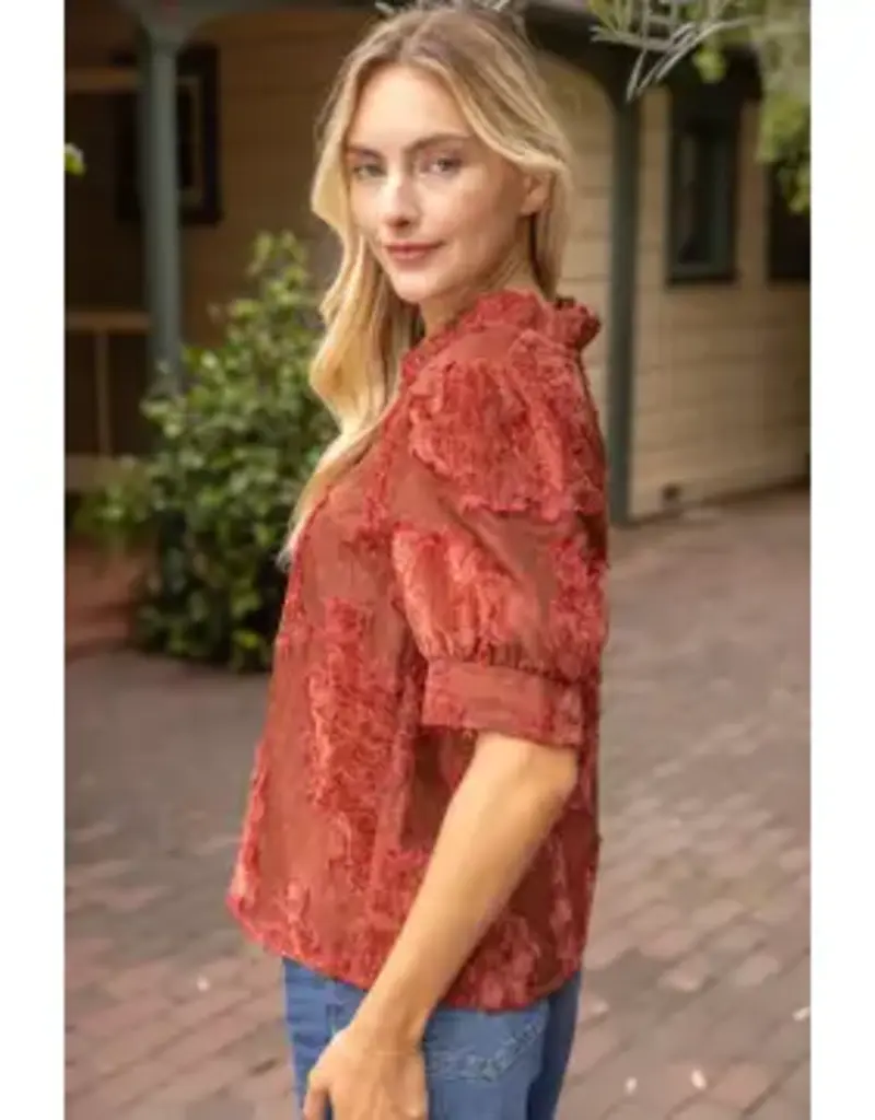 Valerie Ruffled V-Neck Textured Burnout Velvet Top