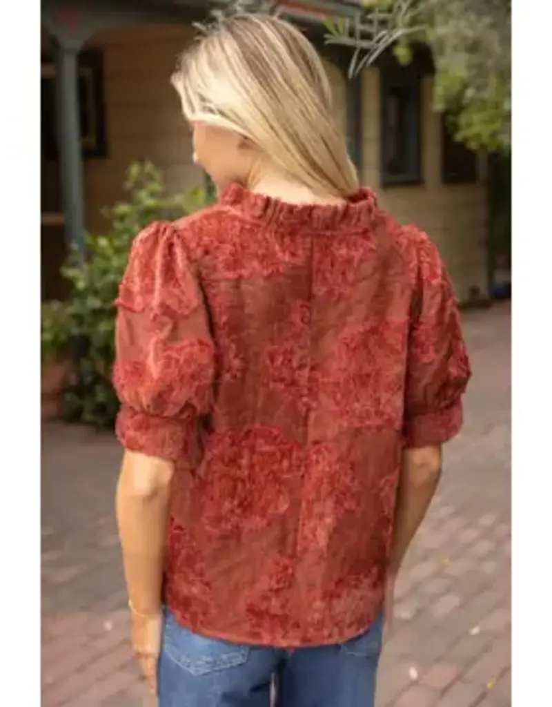 Valerie Ruffled V-Neck Textured Burnout Velvet Top