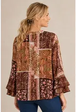 Cathy Paisley Crepe Lurex Ruffle Sleeve Top
