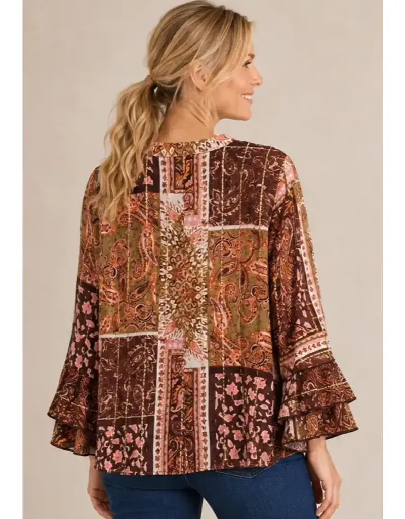 Cathy Paisley Crepe Lurex Ruffle Sleeve Top