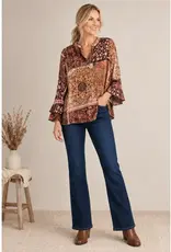 Cathy Paisley Crepe Lurex Ruffle Sleeve Top