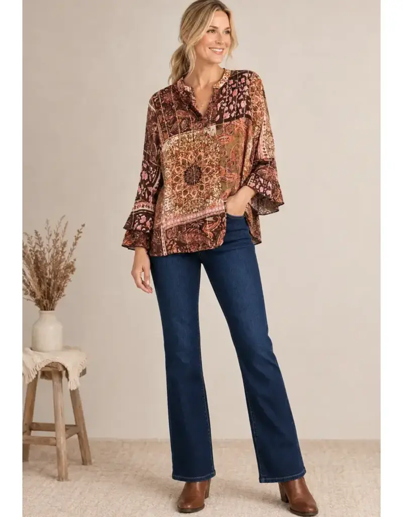 Cathy Paisley Crepe Lurex Ruffle Sleeve Top