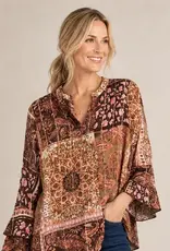 Cathy Paisley Crepe Lurex Ruffle Sleeve Top