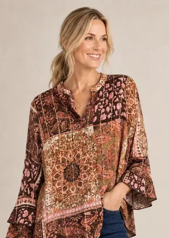 Cathy Paisley Crepe Lurex Ruffle Sleeve Top