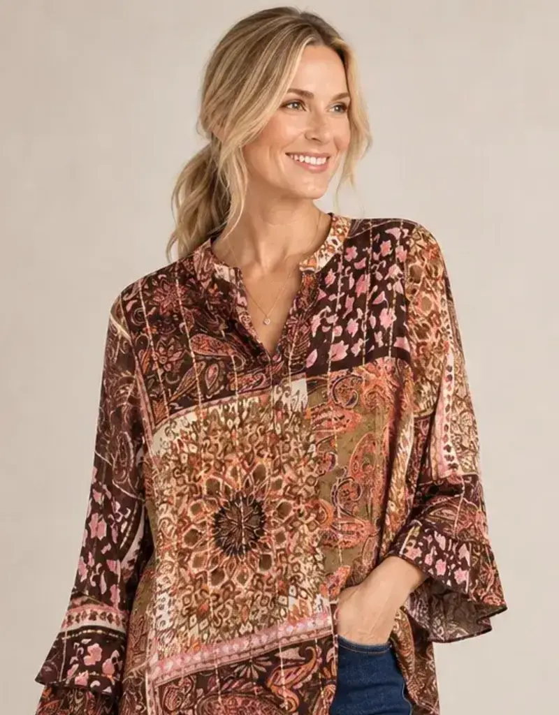 Cathy Paisley Crepe Lurex Ruffle Sleeve Top