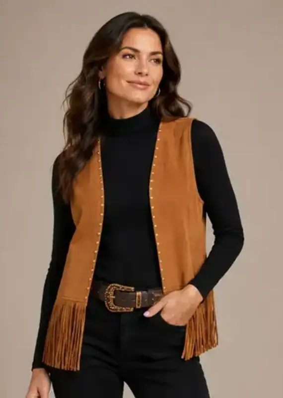 Faith Faux Suede Studded Fringe Vest
