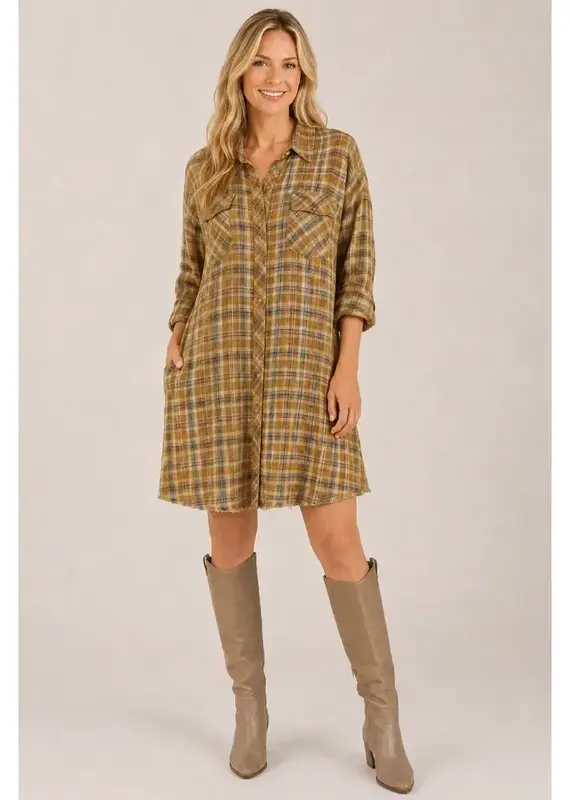 Wyona Washed Plaid Button Front Shirt Dress