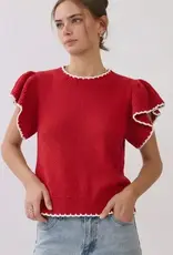 Nora knit top w/ruffle sleeves & contrast trim - Available in Red & Black