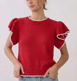Nora knit top w/ruffle sleeves & contrast trim