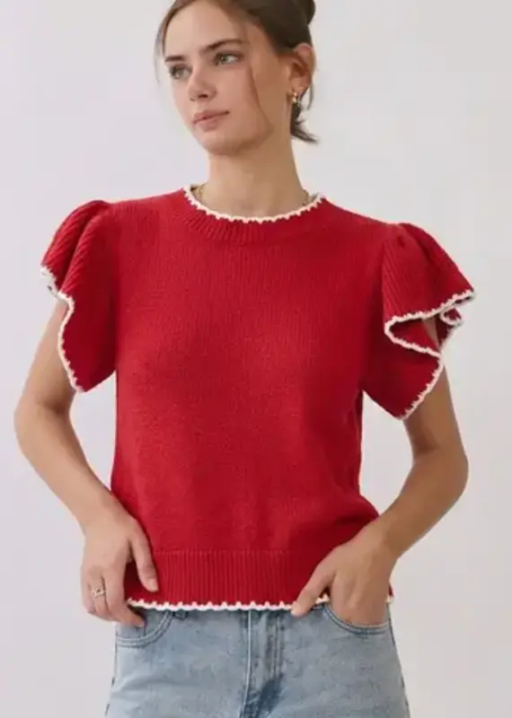 Nora knit top w/ruffle sleeves & contrast trim