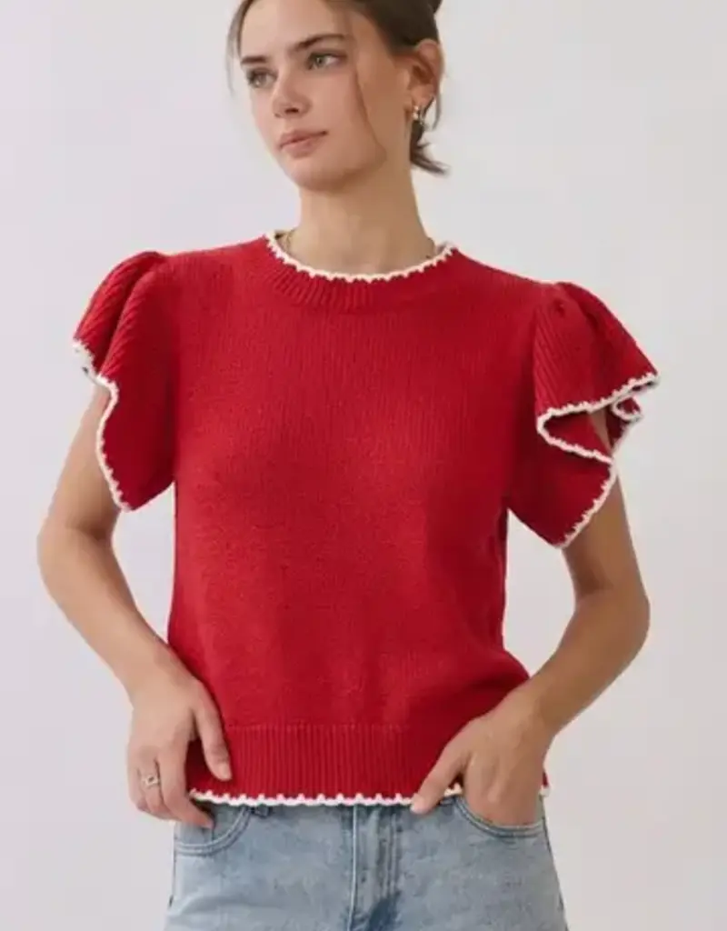 Nora knit top w/ruffle sleeves & contrast trim - Available in Red & Black