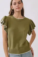 Nora knit top w/ruffle sleeves & contrast trim