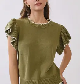 Nora knit top w/ruffle sleeves & contrast trim