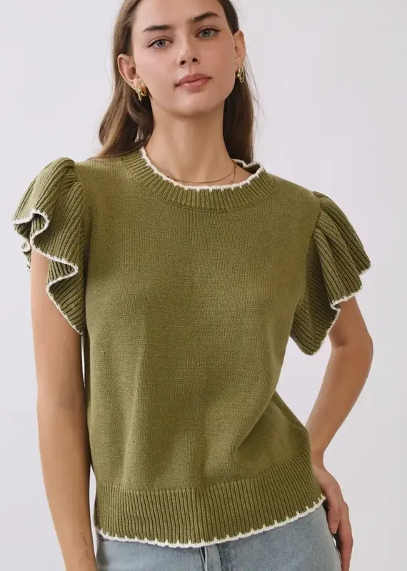 Nora knit top w/ruffle sleeves & contrast trim