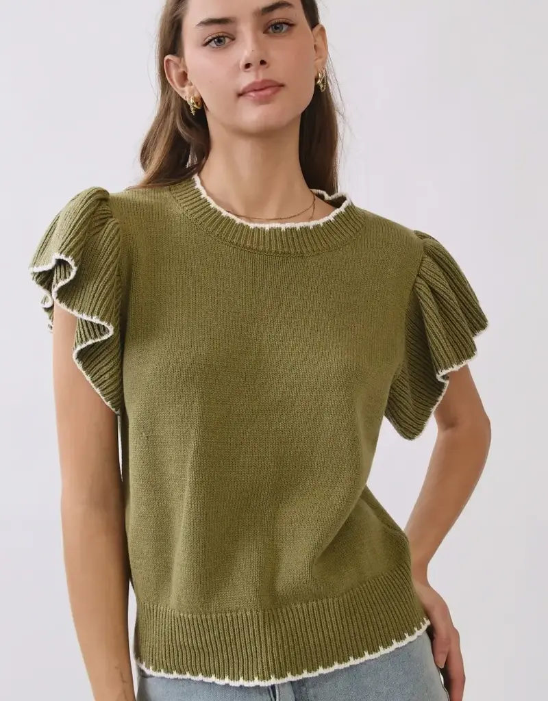 Nora knit top w/ruffle sleeves & contrast trim