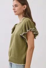 Nora knit top w/ruffle sleeves & contrast trim