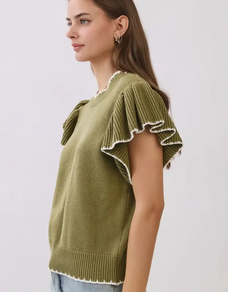 Nora knit top w/ruffle sleeves & contrast trim
