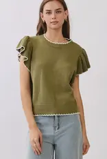 Nora knit top w/ruffle sleeves & contrast trim