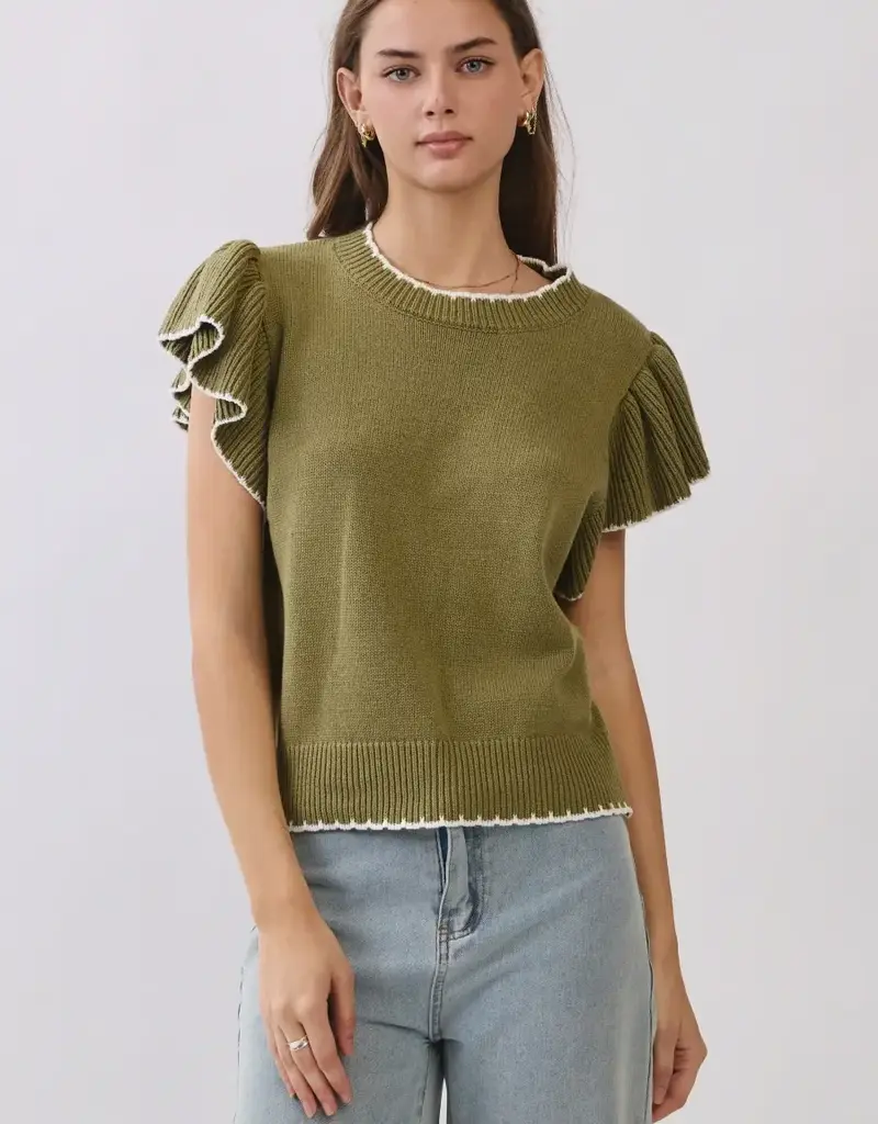 Nora knit top w/ruffle sleeves & contrast trim