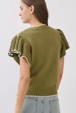 Nora knit top w/ruffle sleeves & contrast trim