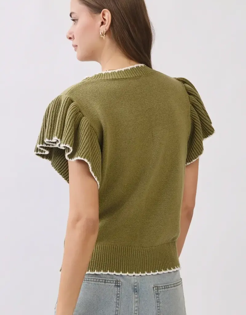 Nora knit top w/ruffle sleeves & contrast trim