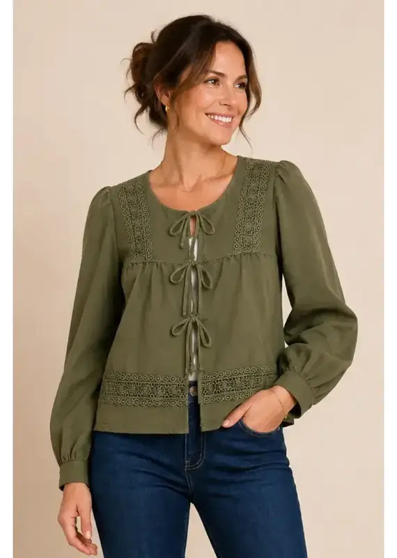Angela Air Flow Crochet Trim Tie Front Top
