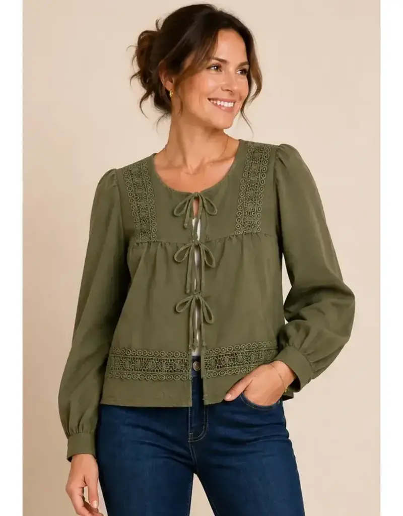 Angela Air Flow Crochet Trim Tie Front Top