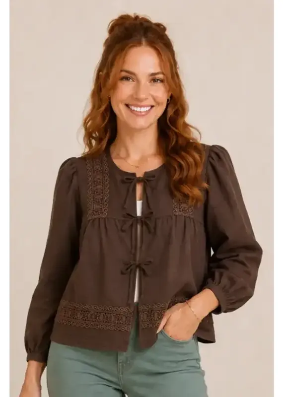 Angela Air Flow Crochet Trim Tie Front Top