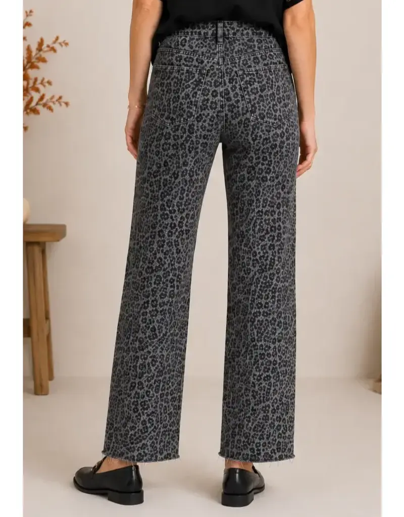 Madilyn Animal Print Wide Leg Fray Hem Jean