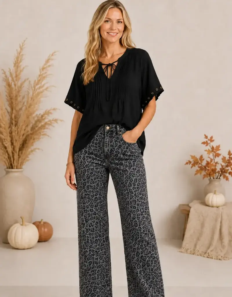 Madilyn Animal Print Wide Leg Fray Hem Jean