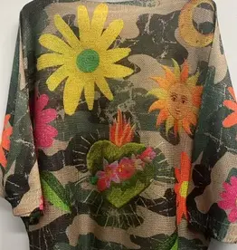 Camo Floral Round Neck Knit Top - Made in Italy ONE SIZE