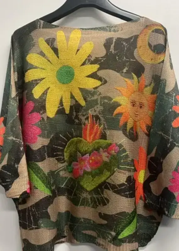 Camo Floral Round Neck Knit Top - Made in Italy ONE SIZE