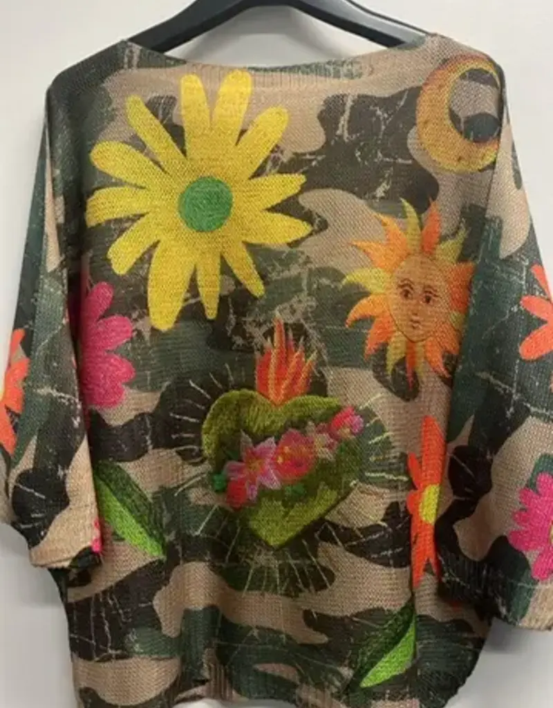 Camo Floral Round Neck Knit Top - Made in Italy ONE SIZE