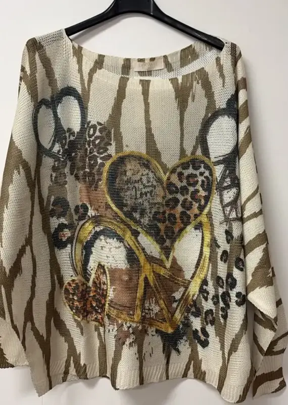 Heather Heart Peace Zebra Print Knit Sweater - ONE SIZE