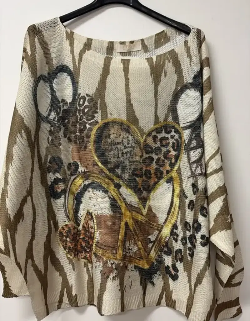 Heather Heart Peace Zebra Print Knit Sweater - ONE SIZE