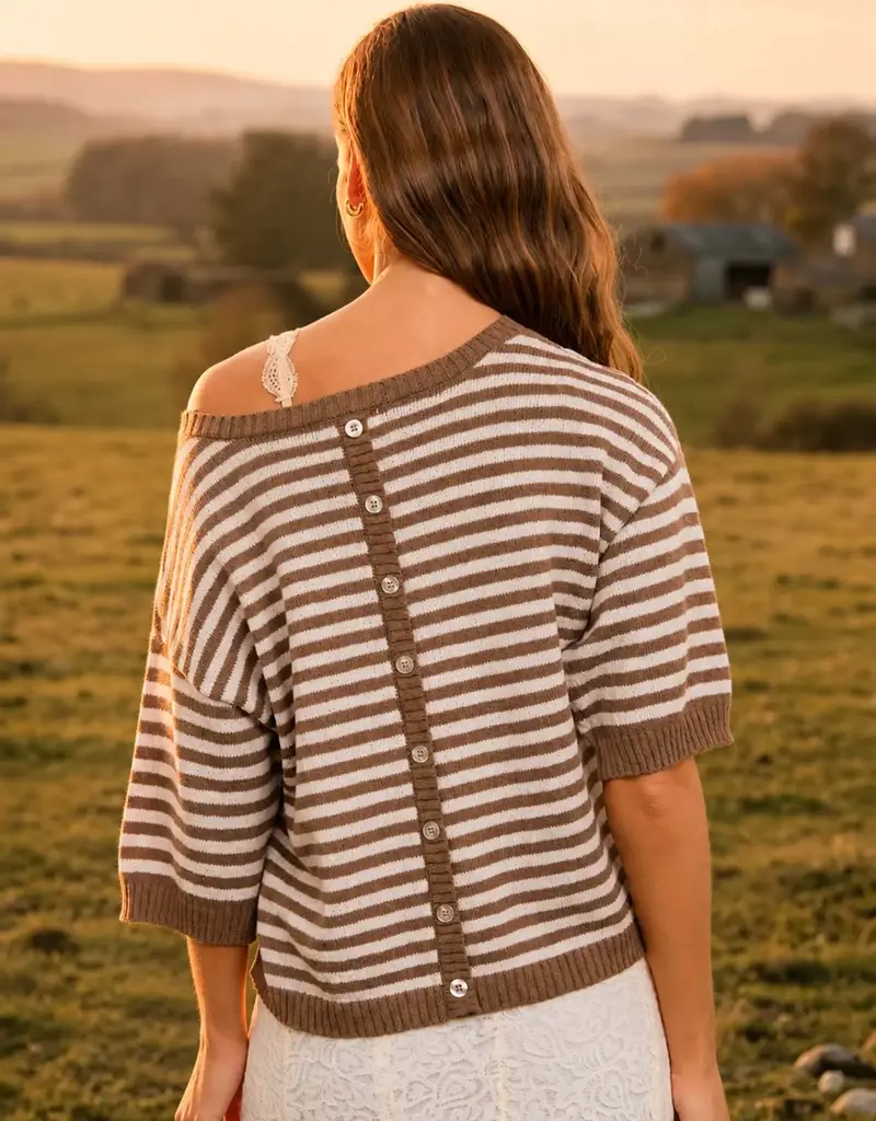Kinley Button Back Detail Stripe Knit Sweater