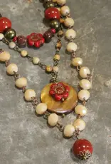 Red Czech Flower Stone Layered Pendant Necklace