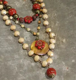 Red Czech Flower Stone Layered Pendant Necklace