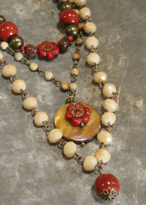 Red Czech Flower Stone Layered Pendant Necklace