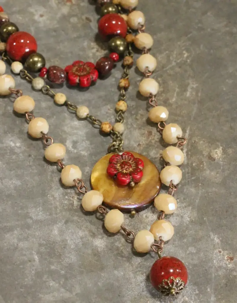 Red Czech Flower Stone Layered Pendant Necklace