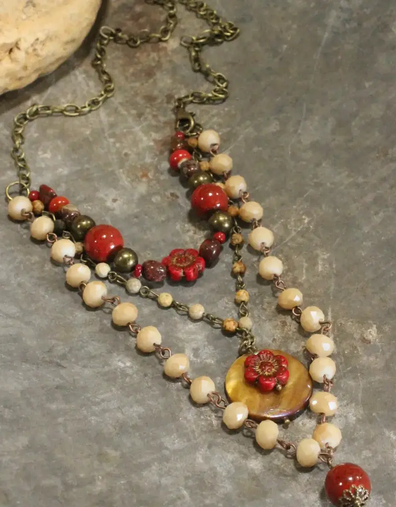 Red Czech Flower Stone Layered Pendant Necklace