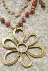 Stone Layered Vintage Bronze Drop Flower Pendant Necklace