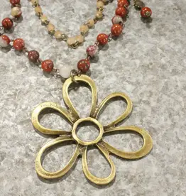 Stone Layered Vintage Bronze Drop Flower Pendant Necklace