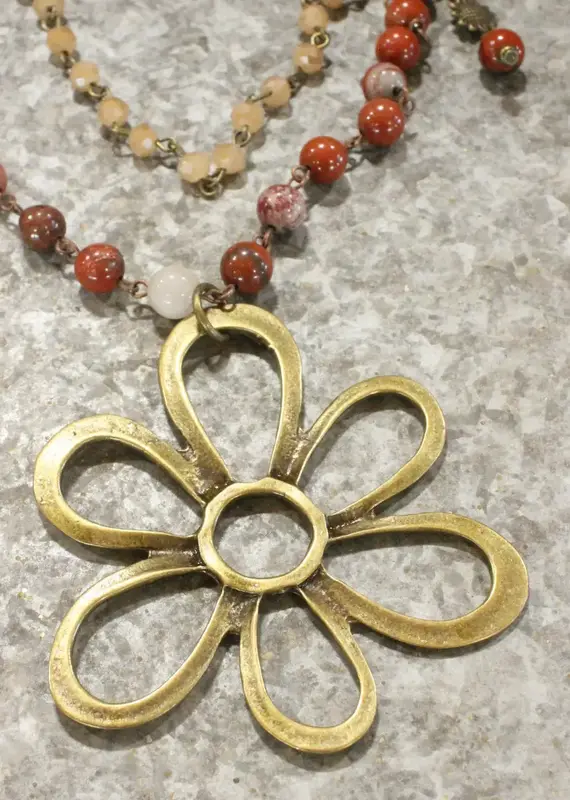 Stone Layered Vintage Bronze Drop Flower Pendant Necklace