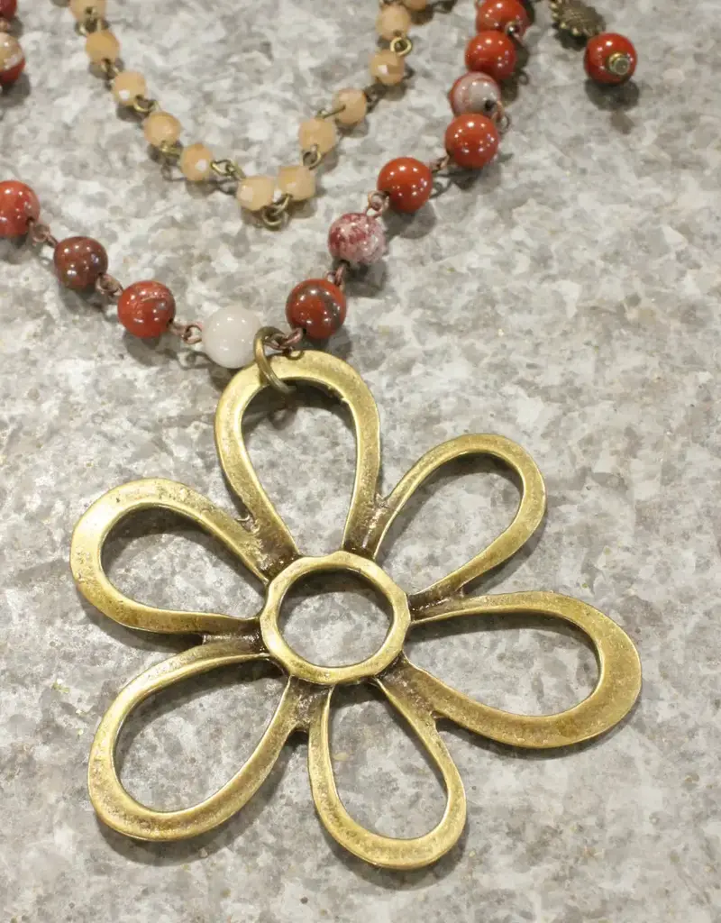 Stone Layered Vintage Bronze Drop Flower Pendant Necklace