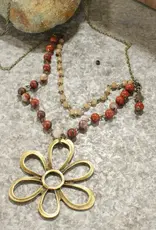 Stone Layered Vintage Bronze Drop Flower Pendant Necklace