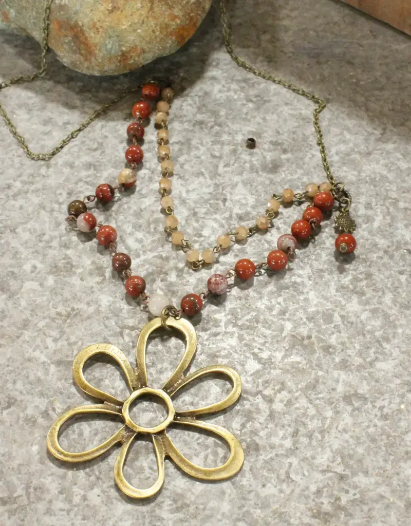 Stone Layered Vintage Bronze Drop Flower Pendant Necklace